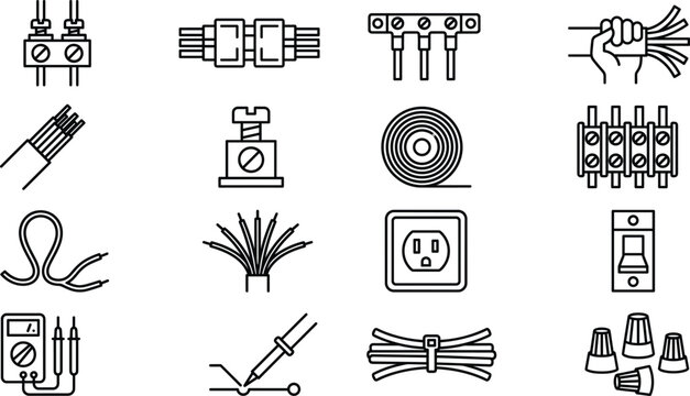Electrical wiring and cable component line icon set with connector switch socket multimeter vector