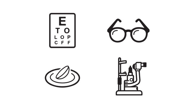 Black line icons of eye test chart glasses microscope and eye drop on white background