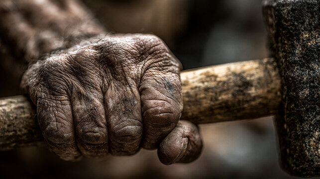 Weathered and wrinkled male hand gripping a heavy rustic metal hammer handle with intense grit and texture captured in sharp macro detail under dramatic natural lighting to showcase manual labor.