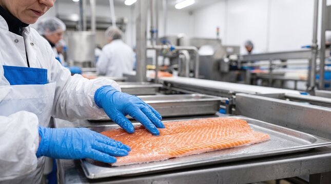 Worker in protective gear handling fresh salmon fillet on a metal tray in a processing facility