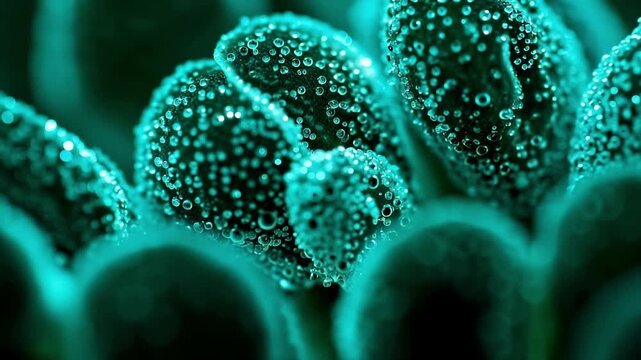 Cyan blue succulent leaves covered with water droplet. Macro view of dew on plant surface. Botanical texture focused on moisture and biology for nature study.