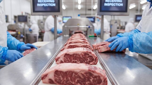Red meat steaks lined up on a conveyor belt at a processing plant inspected by workers