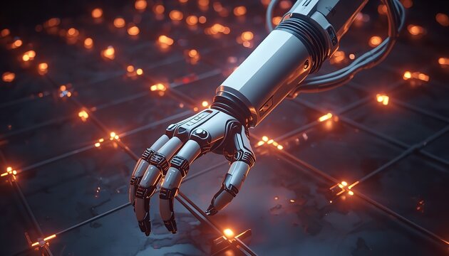 Advanced robotic hand reaching downwards with metallic textures and glowing orange lights in a dark high tech digital laboratory environment