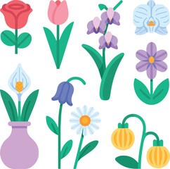Create Various flowers in a vase including rose, tulip, orchid, Espatifilo, bells flowers, Bellis perennis, bulb flowers © MDKHURSHED