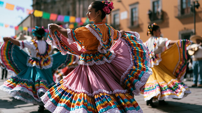 Traditional Mexican folk dancers performing in colorful embroidered dresses during an outdoor cultural festival. Vibrant movement, flowing skirts and festive street celebration in daylight.