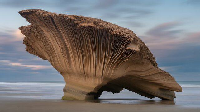 A magnificent weathered rock formation with vertical striations stands on a serene sandy beach at dusk