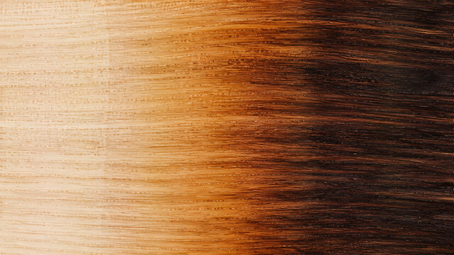 Close-up of a wooden surface showing a gradient from light natural wood to dark charred wood, with visible horizontal grain.
