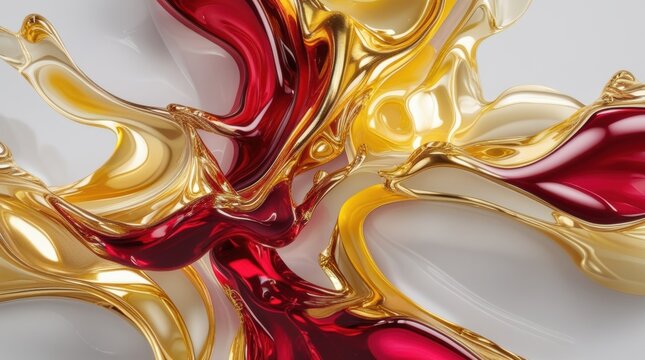 Abstract liquid gold and red paint splash isolated on white background