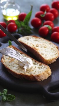 Close-up vertical video of a hand spreading creamy Italian stracciatella cheese onto toasted rustic bread on a dark wooden table. Authentic Mediterranean food preparation with tomatoes, olive oil in t