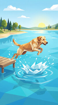 Vertical low poly illustration of a dog jumping into a lake. Geometric art of a golden retriever diving off a wooden dock in summer