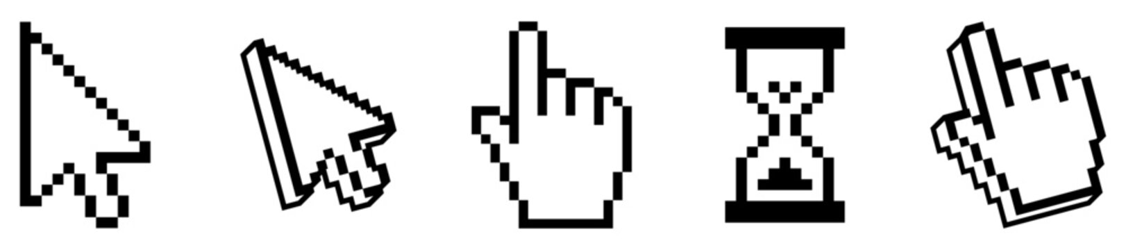Pixel Cursor Icon Collection with Mouse Pointer, Hand Click and Hourglass Editable Vector