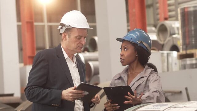 Corporate executives inspecting manufacturing operations while discussing production strategy with engineering professionals and factory workers inside an industrial facility.