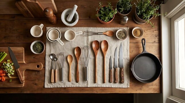 Kitchen preparation and cooking utensils laid out on wooden table top view