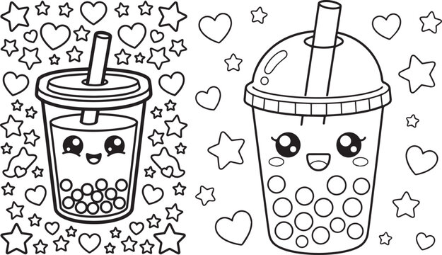 Cute bubble tea coloring page for kids with hearts and stars