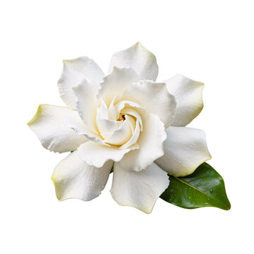 Close-up of a wet white gardenia flower blossom on a white background