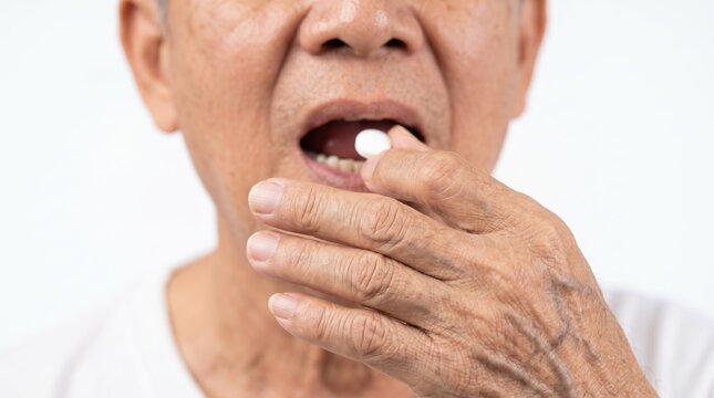 Elderly man taking a small white pill. Senior patient taking heart medication or nitroglycerin. Close up of daily medicine routine