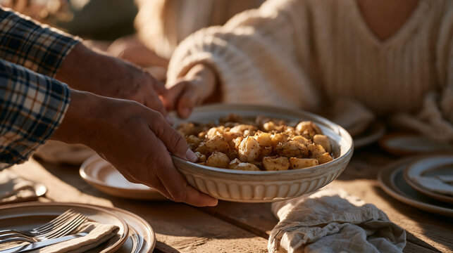 A close up of a Thanksgiving dining table shows hands passing a ceramic serving dish filled with roasted root vegetables, mismatched plates and linen napkins visible, family