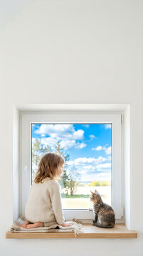 Little girl and a small kitten sitting together on a wooden window sill looking out at the beautiful bright blue sky and green trees outside on a sunny day at home in the countryside