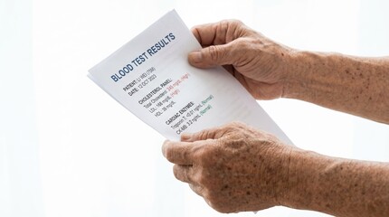 Fototapeta premium Close up of elderly hands holding a blood test results document. Senior health monitoring and cholesterol panel analysis