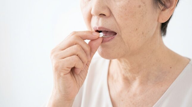 Close up of an elderly woman taking a nitroglycerin tablet. Senior cardiac care and angina medication concept