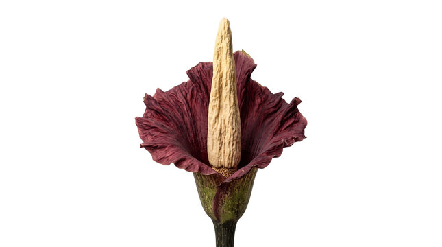 Amorphophallus titanum, known as the corpse flower, in full bloom with a unique inflorescence.