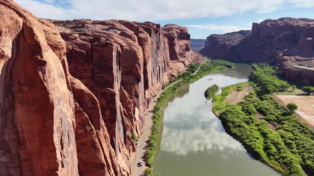 Aerial view of the Colorado River and close up of the cliffs along the Potash Road Turn near Moab, Utah