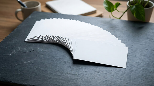 A neatly fanned stack of blank white index cards arranged on a dark textured surface, ready for organization and information.