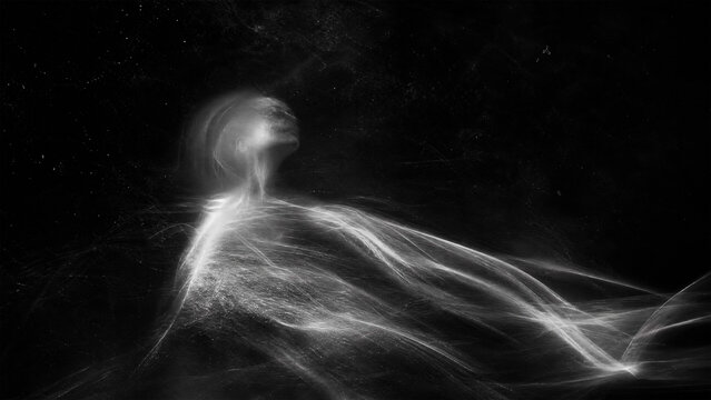 Ethereal glowing humanlike figure composed of flowing light particles in a dark mysterious cosmic space universe background