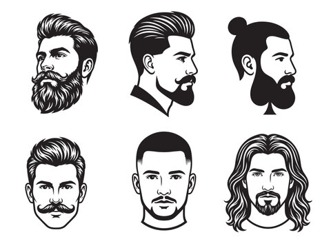 Modern Male Barber Head Vector Icon with Pompadour Hairstyle and Beard
