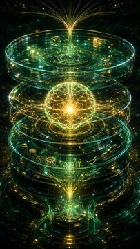 Vertical Holographic light art showing a glowing AI brain inside a high-tech energy core, with flowing data streams of green and gold light, representing machine learning and quantum computing.