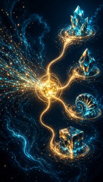 Vertical Metaphysical fantasy illustration of a golden energy core powering a network of blue geometric crystals against a cosmic nebula, concept for quantum computing and data networks.