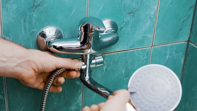 man performs DIY plumbing repair and home renovation. The handyman handles a shower faucet replacement, completing the bathroom fixture installation on the green tiles. High quality 4k footage