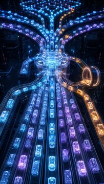 Vertical Futuristic neon glowing 3D render of data streams converging on a central processor, illustrating complex sorting and analysis. Abstract background for artificial intelligence and blockchain.