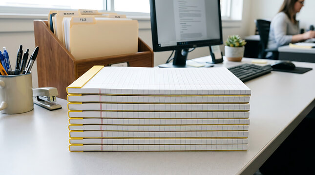 A thick stack of legal notepads on a desk with a computer and files in an office setting