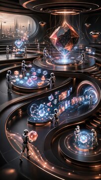 Vertical Futuristic 3D digital illustration of androids working with holographic data cubes in a high-tech lab, processing information from a central glowing crystal, conceptualizing blockchain and AI