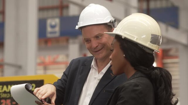 Corporate executives inspecting manufacturing operations while discussing production strategy with engineering professionals and factory workers inside an industrial facility.
