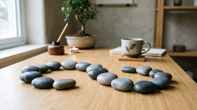 Arrangement of polished river stones on a wooden desk with a potted plant and tea cup suggesting a calm workspace