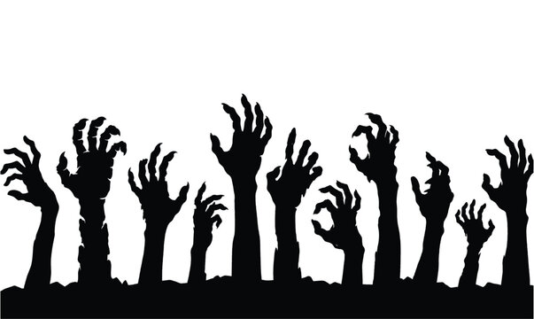 Creepy zombie hands rising from the ground silhouette Halloween vector illustration