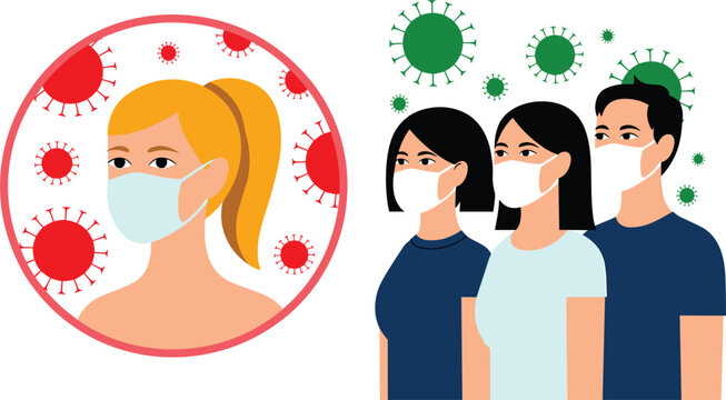 People Wearing Face Mask Icon Illustration with Virus Particles for Pandemic Health Protection and Covid Safety Awareness Design