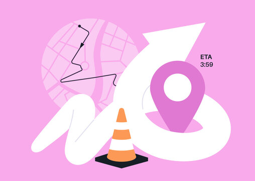 Colorful abstract depiction featuring orange traffic cones and arrows, symbolizing navigation and road direction in a modern, artistic design that inspires movement and progress