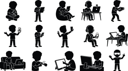 Obraz premium Kids Using Digital Devices Silhouette Collection with Smartphones Tablets Computers VR and Online Learning