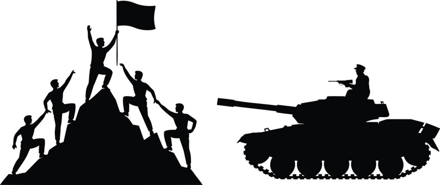Silhouette of soldiers climbing a mountain to plant a flag and a soldier on a tank