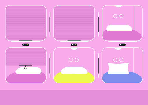 Showcasing a futuristic capsule hotel layout with cozy sleeping pods in various colors, designed for travelers seeking efficient and stylish accommodation options in a bustling city environment