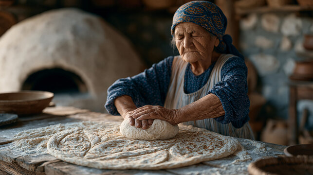 An Armenian grandmother kneading lavash flatbread dough on a flour-covered wooden table in a rustic village kitchen, clay bread oven visible in the background, intergenerational