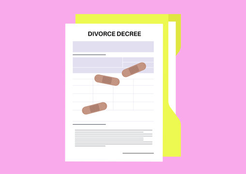 A divorce decree is creatively adorned with adhesive bandage, reflecting emotional healing and new beginnings, Bright yellow folder contrasts with the soft pink backdrop, adding a cheerful touch.