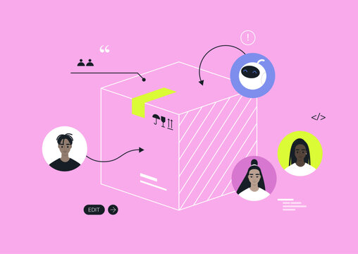 A teamwork organizational scheme, a diverse group of young professionals developing a product, an AI generator as a team member