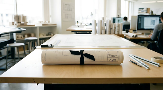 Rolled Architectural Blueprint Tied With Black Ribbon on Desk in Studio