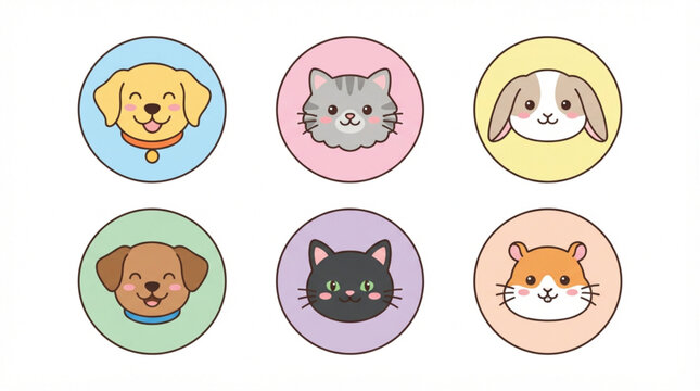 Kawaii pet face badge vector set with cute cartoon dog cat and rabbit characters in colorful circles