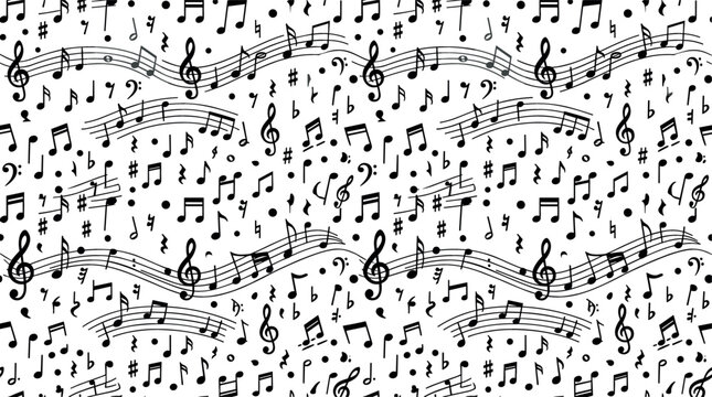 Musical notes seamless pattern background vector featuring wavy staff lines treble clef sharp flat symbols and eighth notes black monochrome texture