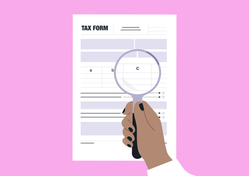A tax return form template zoomed in with a magnifying glass, annual financial report